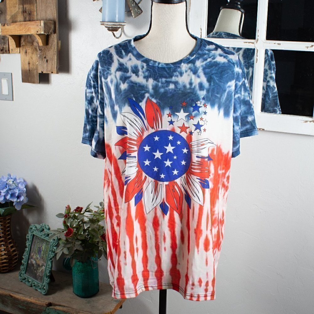 Sunflower & USA Flag Print T-shirt - Pit to pit  21" -  NEW!